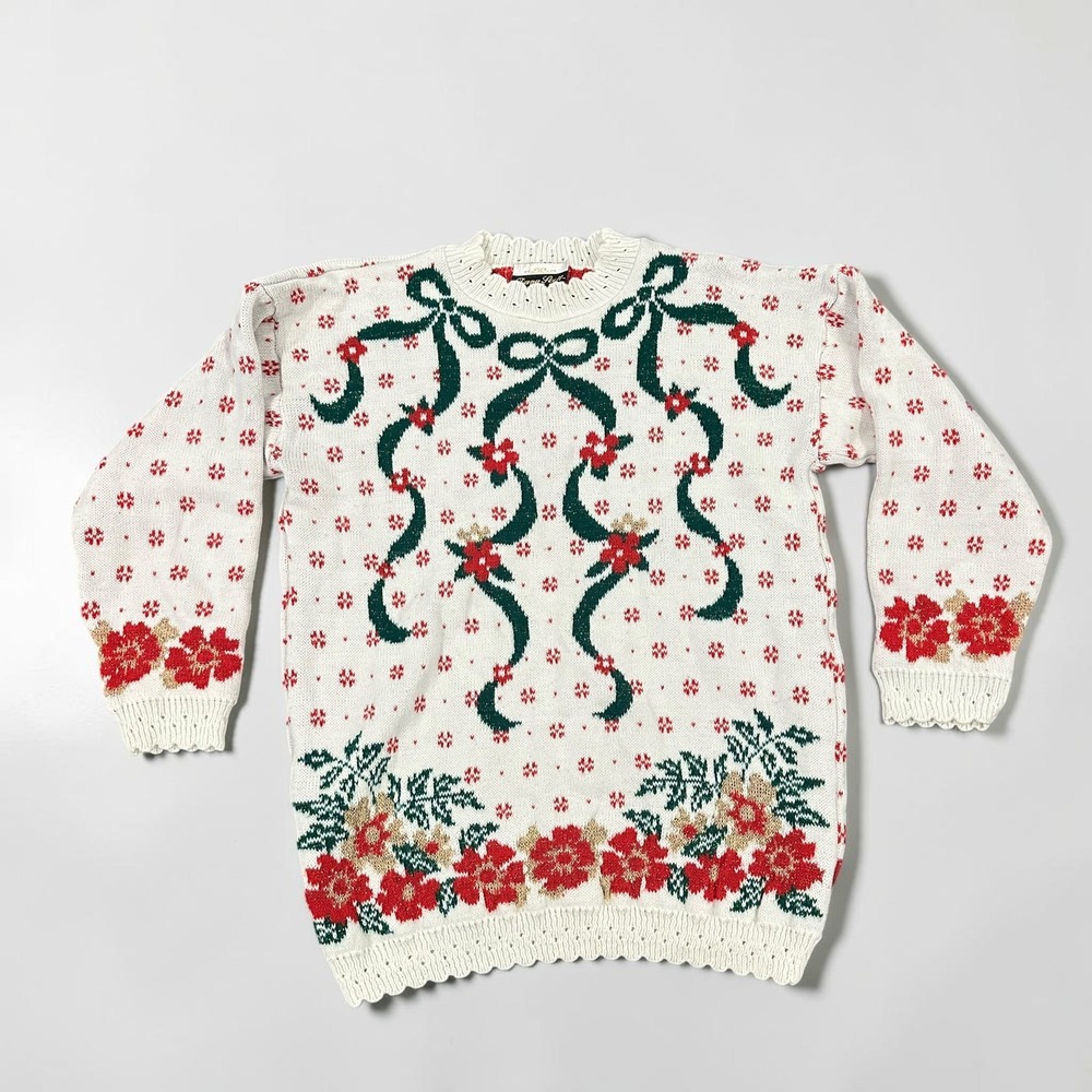Vintage Dana Scott Christmas Sweater Medium Ugly Holiday Poinsettia Bow Metallic